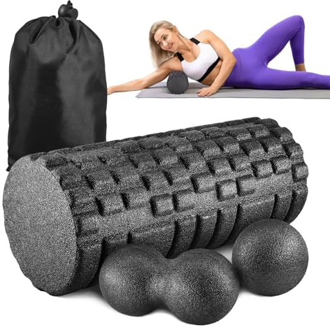 Faszienrolle Set, Qveetry 4 in 1 Faszienrolle mit Faszienball und Duoball, Massagerolle Set zum Faszien Training von Muskeln, Foam Roller für Tiefenmuskelmassage, Pilates, Yoga Sport (Schwarz)