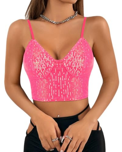 Segreto damer glitter paljetter linne ärmlös spagettiremmar sexig crop top axelbandstopp festival party klubb camisole, Rosa paljetter, M