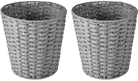 Zuvo Round Wicker Waste Paper Bin and Basket- Rubbish Basket for Bedroom, Bathroom, Offices or Home (Grey) (Pack of 2)
