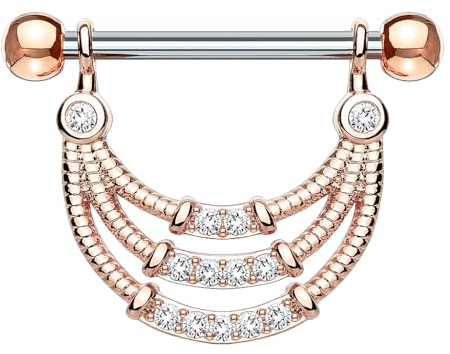 Taffstyle Piercing Schmuck Brustwarzenpiercing Brustwarze Intimpiercing Brust Nippel Intim Ohr Ohrpiercing Barbell gerade Hantel Stab mit Glitzer Kristall Anhänger Filigran Triple Seil Rosegold
