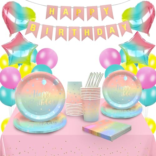 Hukermoon Cumpleaños Vajilla de Fiesta, Platos de Cumpleaños Arcoiris Decoración y Vajilla Cumpleaños Gradiente, Juego de Vajilla de Fiesta de Cumpleaños con Globos Vasos Paja para Niños, 16 Invitados