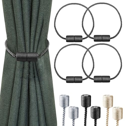 Milaloko 4-Pack Starke Magnetische Vorhang Tiebacks mit Dickeren Twist Seil Dekorative Krawatte Backs Holdbacks für Vorhänge Fenster Vorhang, Schwarz