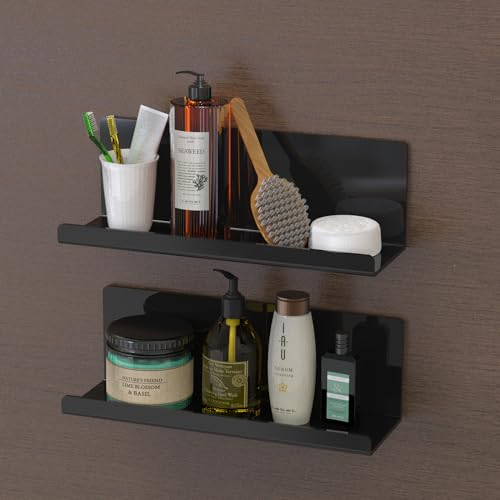 Toski Wandregal Ohne Bohren, Regal Wand Acryl 2 Stück, Schweberegal Schwarz 30cm, Küchenregal Hängend zum Kleben, Schwebendes Bücherregal, Bilderleiste, Kleberegal Bad, Wall Shelf