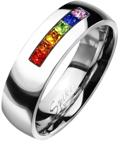 Taffstyle Band Ring Edelstahl Freundschaftsring Herrenring Damenring Partnerring Damen Herren bunte Kristall Reihe Regenbogenfarben Fingerring Größe 63 (20.1)