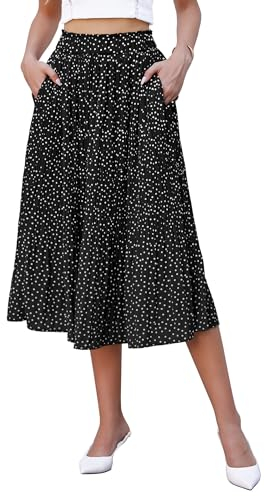Hotouch Rock Damen Elastische Taille Faltenrock Sommer Polka Dot Chiffon Rock Lang Elegant Schwarz Plisseeock mit Taschen Größe XXL