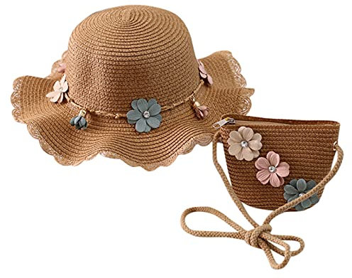 LTWOTEJNG Kinder + Blumen Strohbeutel Sonnenschutzmütze für Kinder Strohhut für Kinder Kinder Hut für Kinder Mütze Mädchen Neugeboren Schal Und Mütze Set Mädchen Winter (Khaki, One Size)