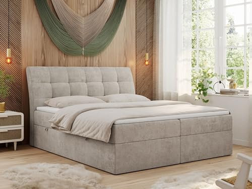 MKS MEBLE Boxspringbett 200x200 Beige Strukture, Bett mit Multipocket Matratze H4 und Topper, Polsterbett 200x200 mit Bettkasten und Kopfteil, DIEGOS Beige Strukture