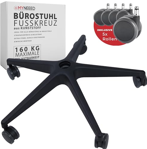 MYNEEED Bürostuhl Fußkreuz inklusive Universal Stuhlrollen, Fusskreuz für Schreibtischstuhl, Belastbarkeit bis 160kg, Komplett Set, Ideal für Chefsessel, Drehstuhl, Gaming Stuhl