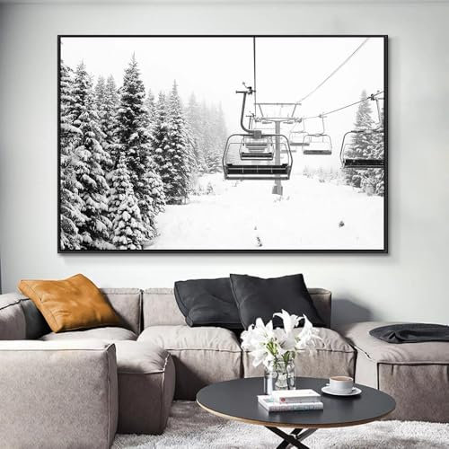 Yocheng Neige épicéa arbre téléski noir blanc Photo toile impression Nature montagne paysage mur Art affiche pour salon décor à la maison 60x90cm sans cadre