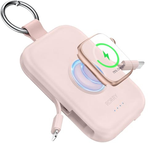 RORRY Batería externa de 5000 mAh para teléfono móvil con cables integrados, llavero Powerbank compatible con iPhone 16/15/14/13/12 y para Apple Watch 9/Ultra 2/8/Ultra/7/6/Se/5/4, rosa