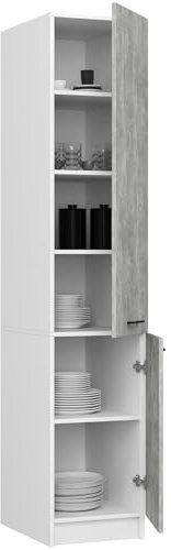 BDW - Vorratsschrank Küche - Küchenschrank Schmal - Schrank 40 cm breit, 205 cm hoch, 57 cm tief - Geräumiger Hochschrank für Vorräte, Küchenutensilien und mehr - Küchenschrank Weiß/Beton