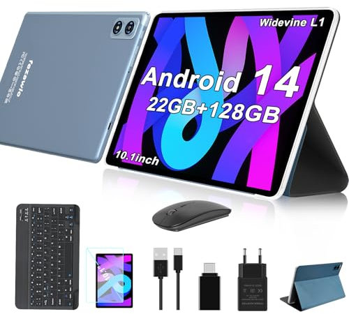fezawio Tablet 10 Pulgadas Tablets Android 14, 22GB Ram+128GB ROM Octa-Core Tablets 5G WiFi, 8000 Mah, (1tb TF) Tablet con Teclado y RatóN + un año de Seguro contra Rotura de Pantalla- Gris