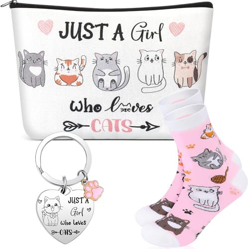 Xuniea 3 Stück Katzen Make-Up Tasche Katzen Schlüsselanhänger Katzensocken für Katzenliebhaber Just a Girl Who Loves Cats Lustige Geschenke mit Katzenmotiven für Geburtstags Weihnachtsdekorationen