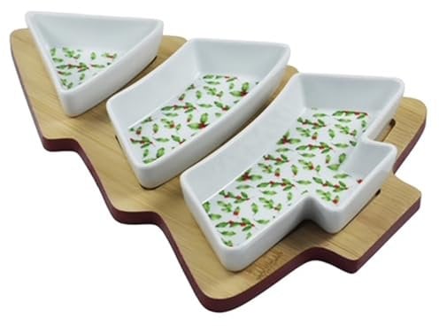 Lesser & Pavey Gift Item Serving Bowls Decorative Set in Christmas Tree Shape 3 Ceramic Snacks Dip Appetizer Olives Bowls Dishes on Tray Board