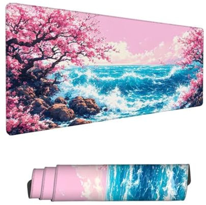 Gaming Mouse Pad 31.51x11.82x0.12in Large Mouse Mat Cherry Blossoms Mouse Pad,Desk Mat Sea Mousepad with Stitched Edges,Keyboard Mat with Water Resist Surface,Improved Precision and Speed,Gifts Hs-284