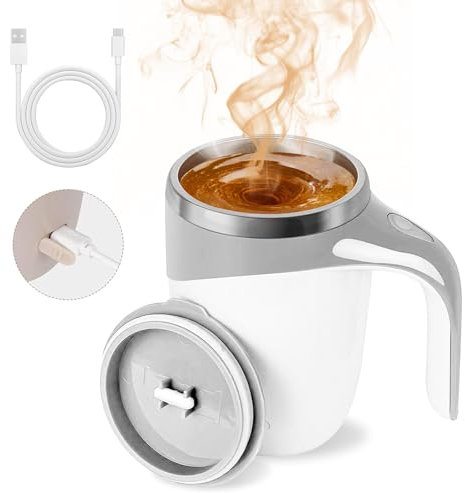 Upgraded Self Stirring Stainless Travel Mugs, 380ML Portable Rechargeable with Handle, Lid & USB Warmer for Hot Drinks (White)