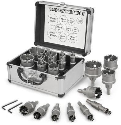 Hoteche 10pcs Lochsäge Hartmetall-Bohrer, 16–53 mm Metall Lochsäge Bohrer Set, TCT Carbid Lochsägen-Set, Zentrierbohrer aus Hartmetall, für Edelstahl, Eisen, Aluminium，Holz