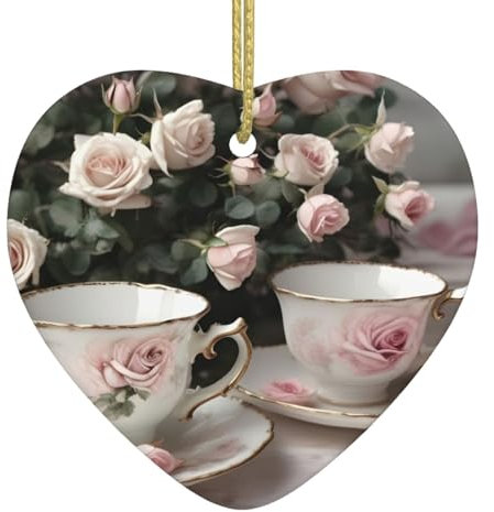 Tazze da tè con rose, romantica stampa shabby a forma di cuore, decorazione natalizia in ceramica, decorazione natalizia per albero di Natale