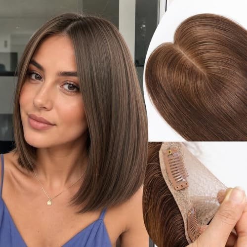 HAIRCUBE Damen-Haartoppers aus echtem Menschhaar mit Fransen, 4 * 5,5 Zoll Basis, 12 Zoll mittelbraunes Haar für Frauen mit dünner werdendem Haar, verdeckt graue Wurzeln