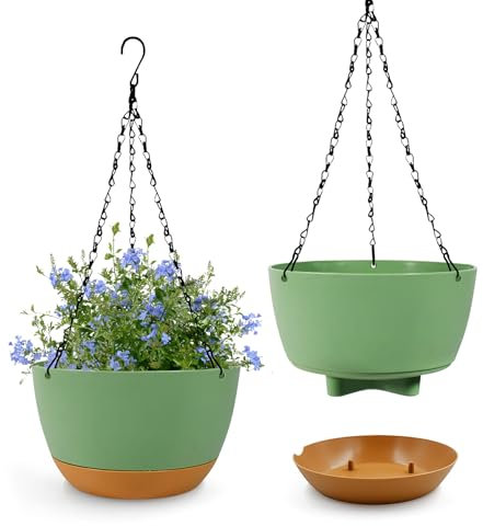 IHONYI Hängeampel - 2 Pack Blumentopf Hängend, 21cm Blumenampel Hängendinnen/Auben,Hängetopf Mit Ketten, Drainagelöchern Und Abnehmbarem Untersetzer, Blumentöpfefiir Garten/Wohnzimmer (Grün)