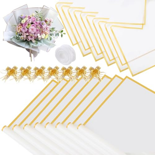 20 Blatt Blumenpapier Geschenkpapier, Wasserdicht Blumenstrauß Papier, Blumen Papier Weiß mit Band, Bouquet Papier Flower Wrapping Paper für Geschenkverpackungen Kunst Handwerk (58x58cm)