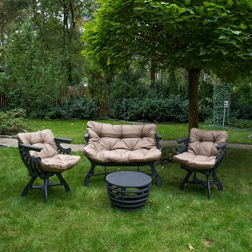 Wood Spark Balkonmöbel Set Geneza Runder Tisch, 2er Sessel, kleines Sofa mit wasserabweisenden Kissen in Cappuccino – Stilvolle Möbel aus grauem Holz für Garten, Terrasse und Wintergarten