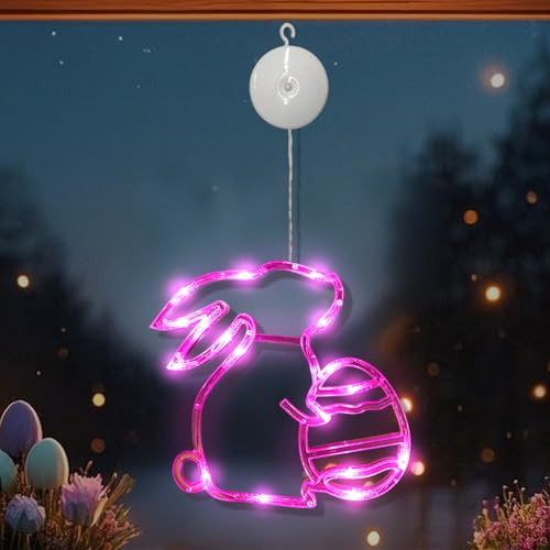 Led Lichterkette Ostern Osterfenster Lichter Osterhase Shaped Multicolor Ostern Deko Hängende String Lichter mit Saugnapf,Osterbeleuchtung für Deko Lichterkette Innen Haus (Rosa)