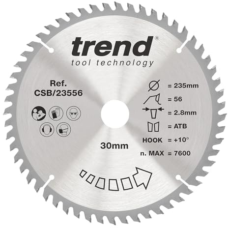 Trend 235mm 56T Circular Saw Blade, 30mm Bore, Extra-Fine Finish | Tct Blade For Wood With 2.8mm Kerf And +10° Hook Angle For Extra-Fine Cuts And Smooth Feed, CSB/23556