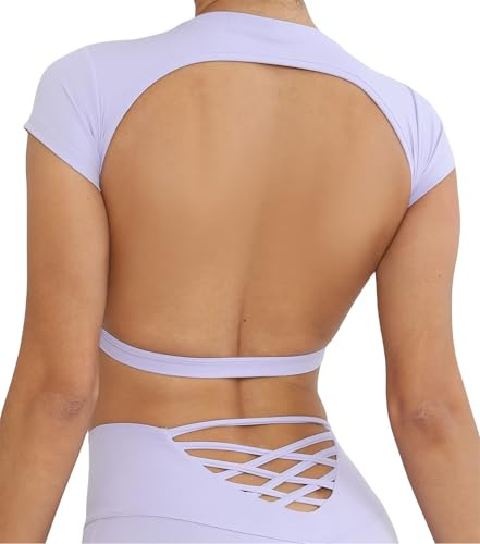 SEAUR Gym Top da donna con schiena scoperta, imbottita, aderente, sport, corsa, yoga, fitness, a maniche corte, senza pancia, maglietta sportiva, girocollo, morbida, S-L