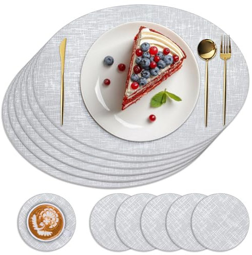TOPAHGOD Table Mats and Coasters Set of 6, Heat Resistant Placemats, Waterproof Wipeable Dining Leather, Place Mats for Indoor & Outdoor, Placemats Easy to Clean - Silver