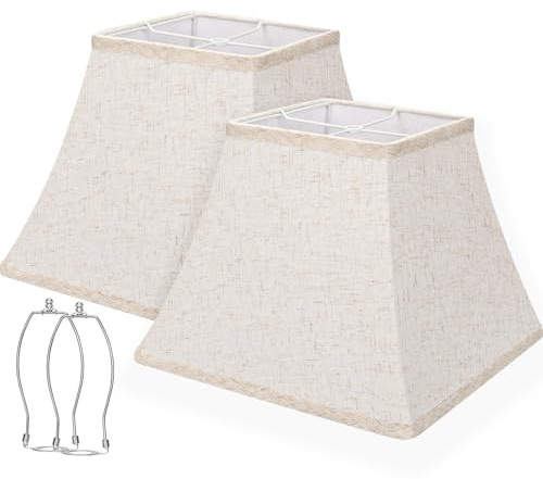 Square Bell Lamp Shades Set of 2, 7.5 x 13 x 10 Medium Beige Shade for Table Lamps Floor Lamps, Fabric Natural Linen Hand Crafted(Spider Fitter), Harp Holders Included, Assembly Required