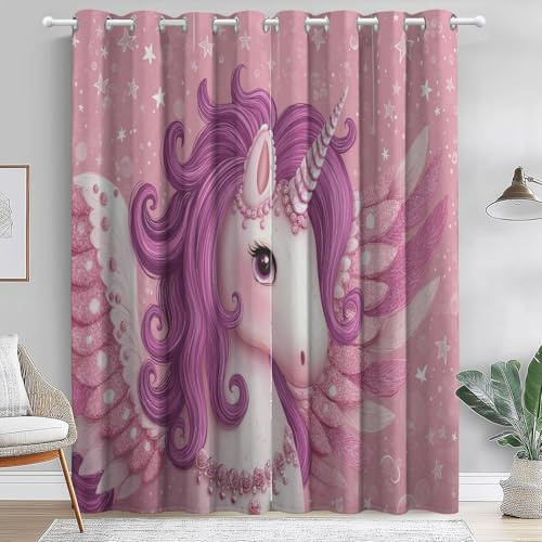 Vorhang Blickdicht Rosa Cartoon-Einhorn-Pegasus vorhänge 2 Stück, 140x90cm(HxB) Vorhänge mit Ösen Lichtundurchlässig thermovorhang kälteschutz Gardinen Lärmschutz für Kindervorhänge