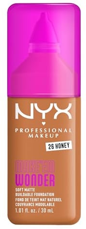 NYX Professional Makeup Make 'Em Wonder Foundation, 24H Soft Matte Aufbaubare Foundation, Mit hoher Deckkraft, Mattes Finish, 26 Honey
