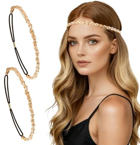 Serre Tete Paillette Femme Bohême, 2PCS Chaîne de Tête de Bandeau Tressée Femme, élastique à Cheveux Paillettes Strass Cheveux, Accessoires Mode Femmes pour Mariage, Soirée, Fête, Cosplay (B)