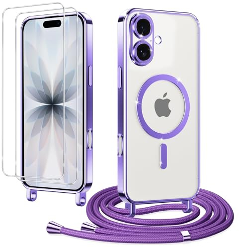 Coiwxmoi Magnetica Cover con Cordino per iPhone 16 con 2 Vetro Temperato, Trasparente Ultra Sottile Silicone Custodia con Laccio Regolabile Antiurto Protettiva Cover per iPhone 16, Viola