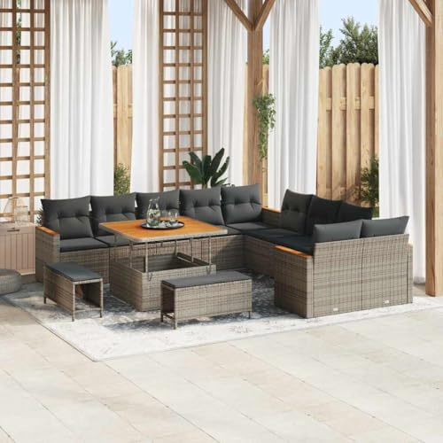 Hoopleep Gartensofa-Set 13-teilig, Grau Poly-Rattan, Modulares Outdoor-Möbelset für Terrasse, Esszimmer, mit Tisch, 12 Personen