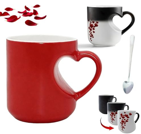 Gienslru Heart-Shaped Color Changing Magic Ceramic Mug, Heat Sensitive Magic Color Changing Coffee Mug with Red Heart Design, Valentine Themed Hearts Shaped Handle Ceramic Coffee Cup (Red)