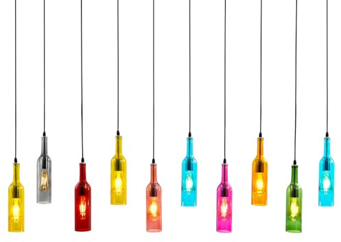 EurHomePlus Kreative Pendelleuchte mit Bunten Glasflaschen, Höhenverstellbare Deckenlampe mit E27 Fassungen für Kücheninsel Esszimmer Bar, Vintage Design Ohne Leuchtmittel (10)