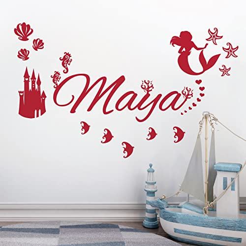 personalisiert Name Kinder Art Wand Aufkleber – Disney Little Mermaid, ocean, Castle, Seestern, cherry, M 580 x 150 mm