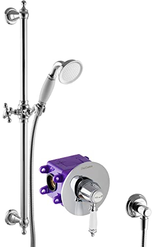 PaulGurkes Retro Duschsystem Aufputz Duschstange Unterputz Armatur mit Box Nostalgie Handbrause aus Messing verchromt und Keramik 160cm Metallbrauseschlauch edles Design