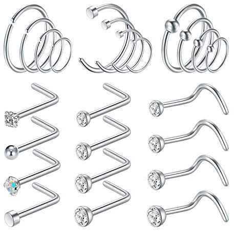 JFORYOU 24 STK Nasenstecker L Förmig Stecker Spirale Stecker Chirurgenstahl Nasenpiercing Nostril Piercing Herz Stern Blume Zirkonia Nasenschmuck 18G 1,0mm