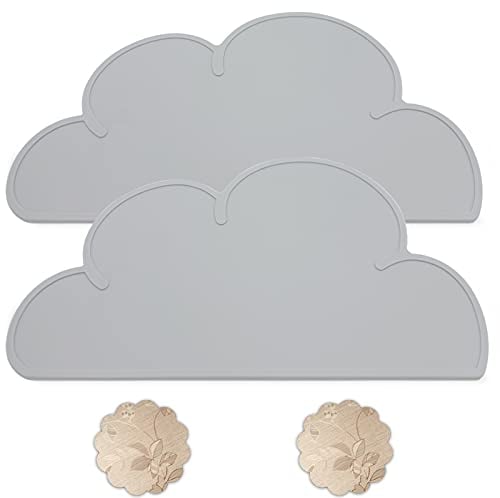 Qualsen BPA-freies Tischset Kinder, 2 Stück Wolke Silikon Platzset Kinder, rutschfest Platzset Abwischbar Platzdeckchen Kinder, Tischsets Abwaschbar Kinder, Tischunterlage Kinder, 48×27cm, Grau