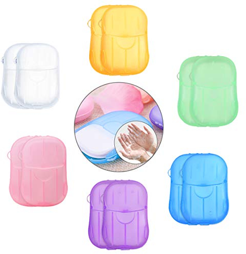 TankerStreet 12 Stück Boxen Seife Papier Seifenblätter 240 Stück Einweg Papier Seife Tragbar Paper Soap mit Kunststoffbox für Outdoor, Camping, Wandern, Reisen (6 Farben)