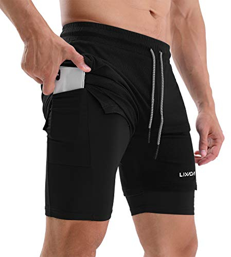 Lixada 2 in 1 Laufshorts für Herren mit Taschen für das Training im Fitnessstudio mit Handtuchschlaufe, schnell trocknend, Laufen, Radfahren, Klettern, Fitness