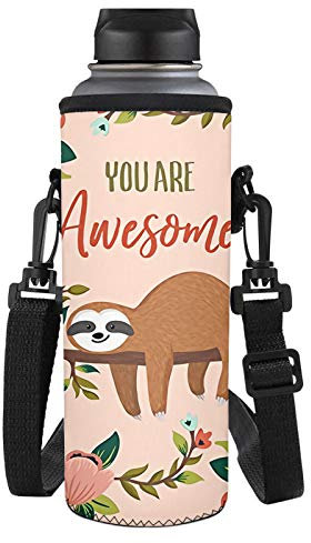SEANATIVE Pink Water Bottle Carrier,Sloth Bear Insulated Neoprene Water Bottle Holder Bag Pouch Cover Adjustable Shoulder Strap, Great for Stainless Steel, Plastic Bottles, Sport, Energy Drinks
