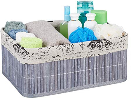 Relaxdays Aufbewahrungskorb, Stoffbezug mit Retro-Print, Bambus, rechteckig, Bad Regalkorb HBT 16,5x38x28,5 cm, grau
