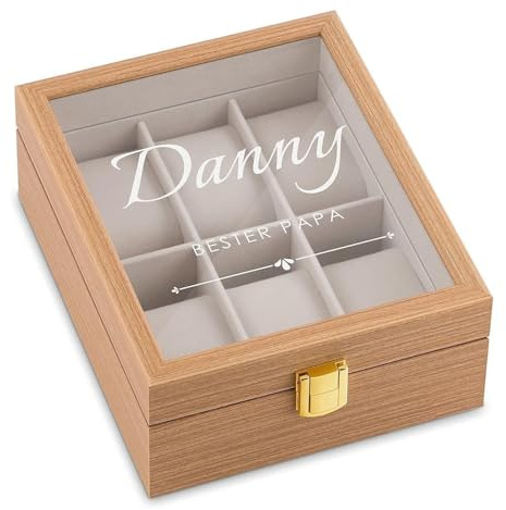 Maverton Uhrenbox mit Gravur für 6 Uhren, Jewelkeeper Hellbraun | Uhrenschachtel, Uhrenaufbewahrungsbox aus Holz, personalisiert, Geschenk zum Geburtstag für Männer, Vatertag