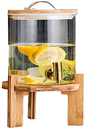 Fontaine à Boisson avec Support en Bois, Distributeur de Boisson en Verre avec Robinet, Jar Distributeur de Boisson pour Eau Cocktail Jus, Distributeur de Jus With Sealing Cap, 5L/8L/11L