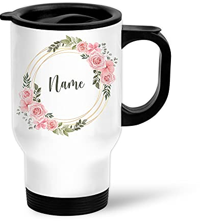 EnvyFone Personalised Travel Mug - Ladies Floral Rose Wreath - Stainless Steel 14oz - White - Tea Coffee Cup - Thermal-Lined - Home Office Work Gift Present