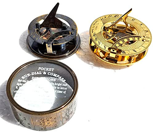 Schwarzer antiker goldener polierter Messing-Sonnenuhr-Kompass – direktionaler magnetischer Kompass für Navigation, Sonnenuhr, Taschenkompass